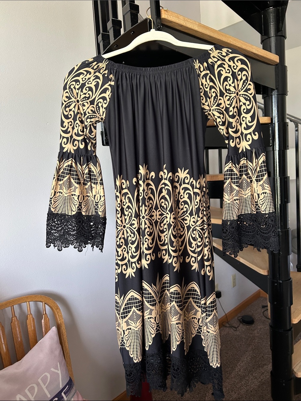 Black and Cream Boho Lace Trim Midi Dress